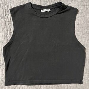 Lot of 2 ZARA Black Tan Sleeveless Mock Neck Cropped Tank Top Women's Medium